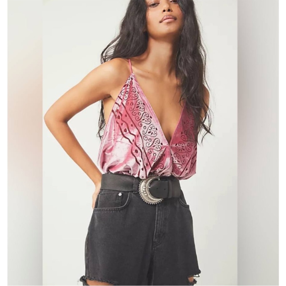 Free People Pink Velvet Bodysuit Large